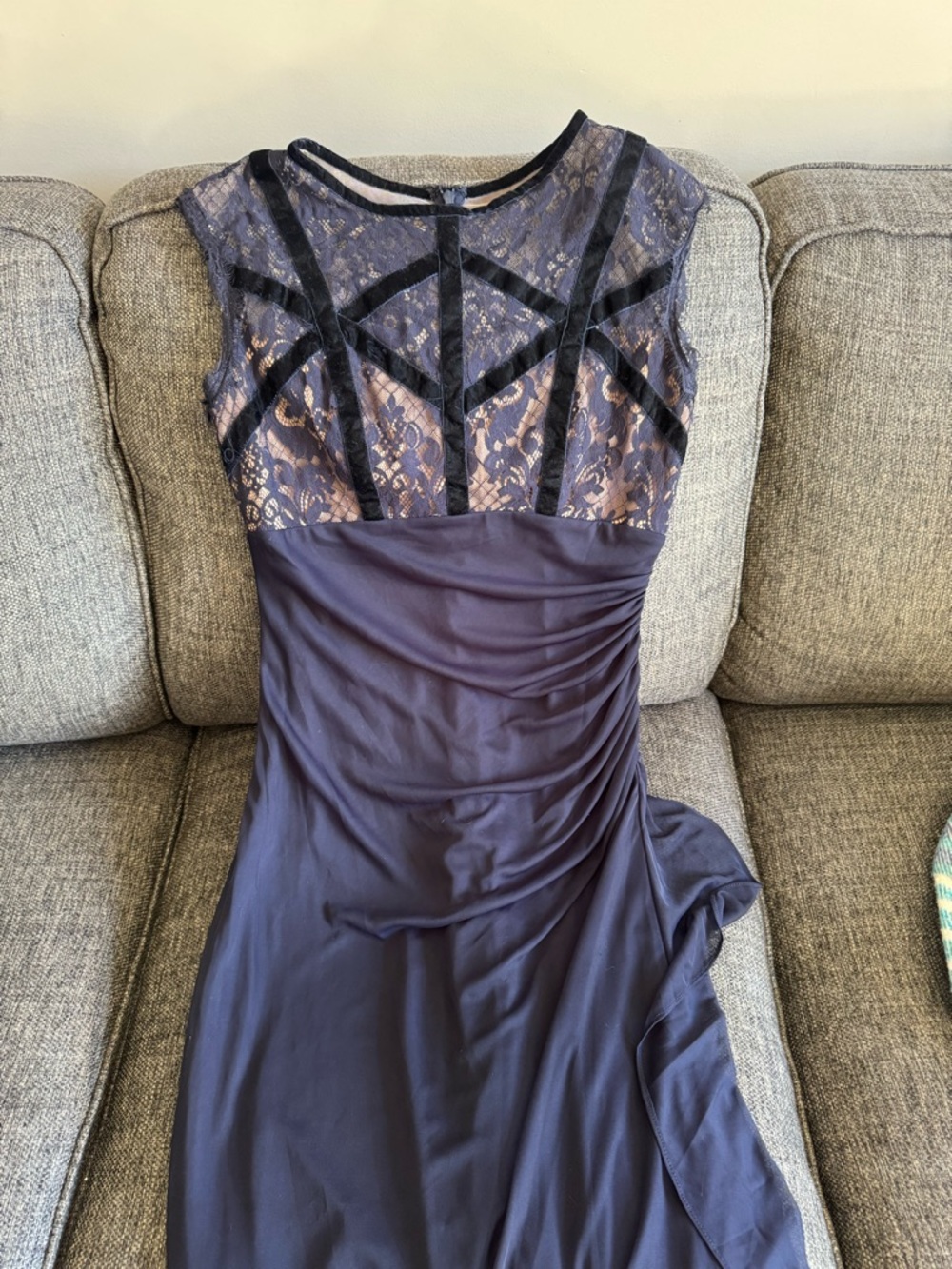 Betsy & Adam Navy Lace-Top Ruched Maxi Dress
